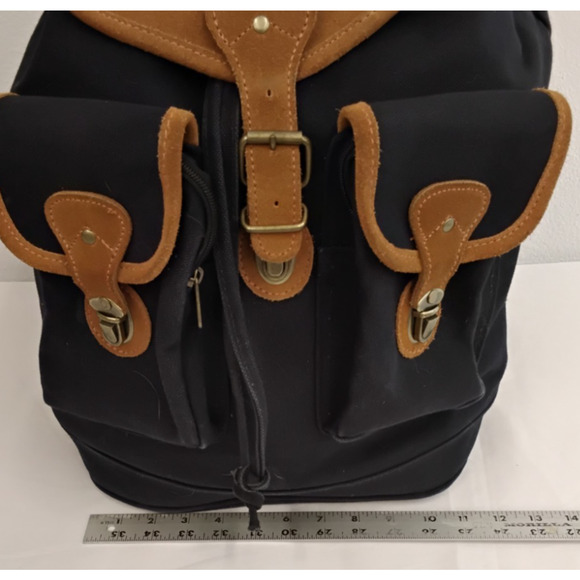 Eddie Bauer Canvas Backpack Black With Suede Leather Trim Vintage #J5152